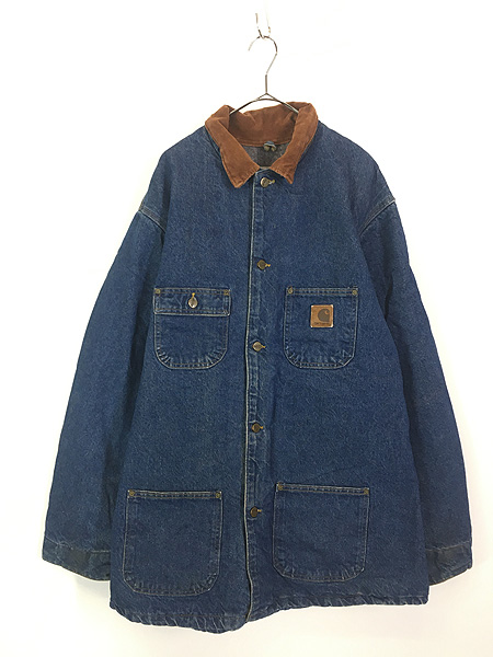 古着 90s USA製 Carhartt 裏地 ストライプ ブランケット デニム ミシガンチョア カバーオール ジャケット XL Tall 古着 -  古着 通販 ヴィンテージ　古着屋 Dracaena ドラセナ