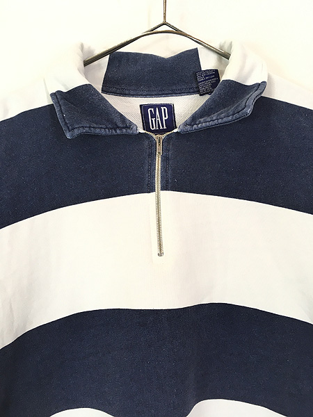 古着 90s GAP 紺白 太ピッチ ボーダー ハーフジップ 襟付き スウェット