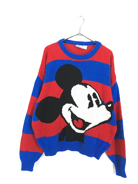 古着 90s Disney Mickey ミッキー BIG フェイス アクリル ニット 