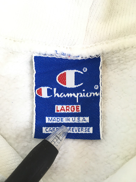 古着 90s USA製 Champion ワンポイント 前V スウェット パーカー 白 L