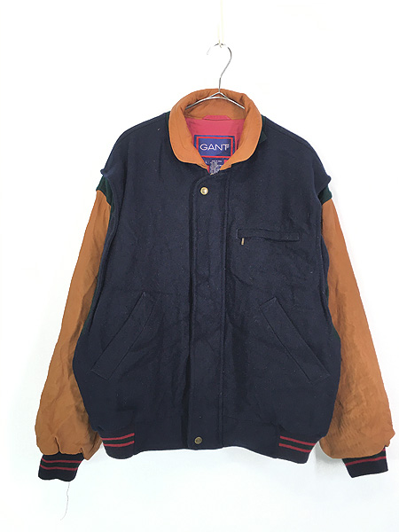 古着 90s GANT 本革 レザー袖 クレイジー パターン 比翼 ウール 