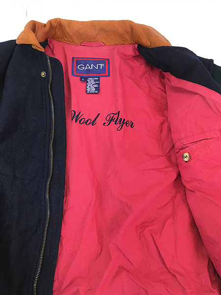 古着 90s GANT 本革 レザー袖 クレイジー パターン 比翼 ウール