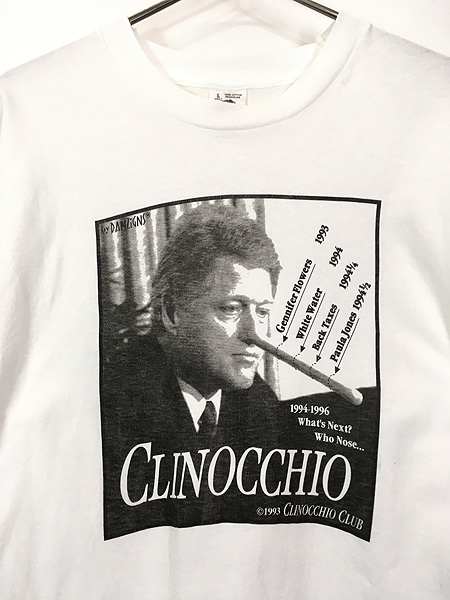 古着 90s USA製 「CLINOCCHINO」 クリントン 大統領 ピノキオ パロディ 風刺 モノクロ Tシャツ L 古着 - 古着 通販  ヴィンテージ　古着屋 Dracaena ドラセナ