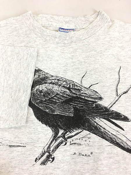 古着 90s USA製 カラス クロウ モノクロ デッサン アート Tシャツ L