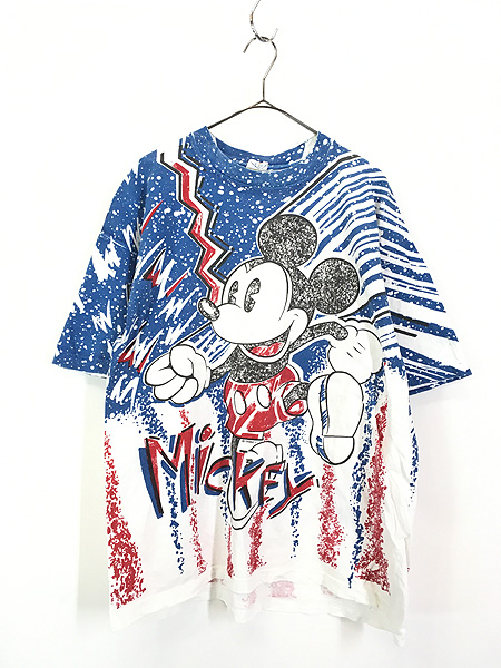 古着 90s USA製 Disney Mickey ミッキー オールオーバー Tシャツ XL位