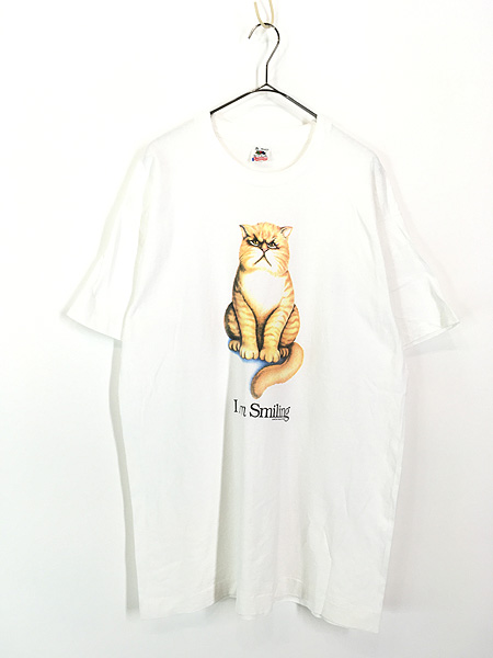 古着 90s USA製 猫 ネコ 「I Am Smiling」 アニマル シュール Tシャツ 