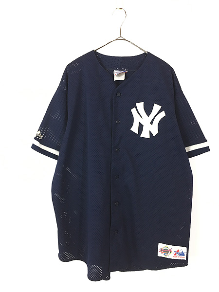 NYヤンキース マジェスティック MLBベースボールシャツ 00s 白メッシュ古着屋fuufuゲームシャツ