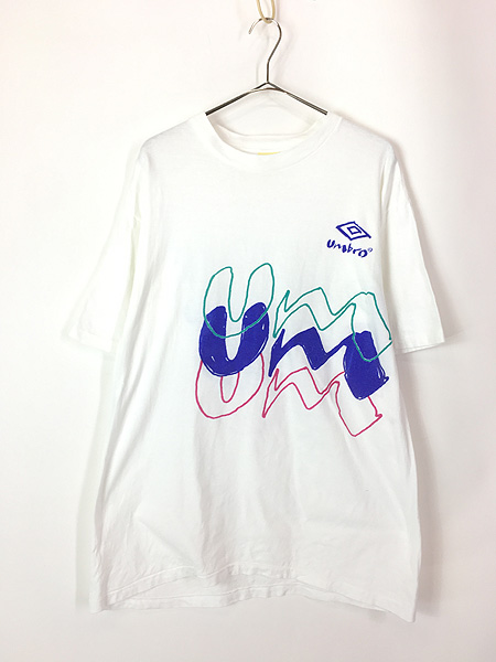 古着 90s USA製 UMBRO 3連 グラフィック ロゴ 巻き プリント Tシャツ L