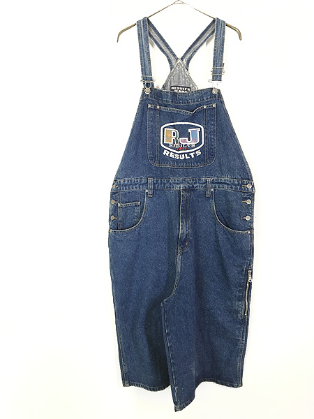 古着 90s RESULTS JEANS ホログラム ロゴ パッチ デニム ショーツ オーバーオール サロペット XL 古着