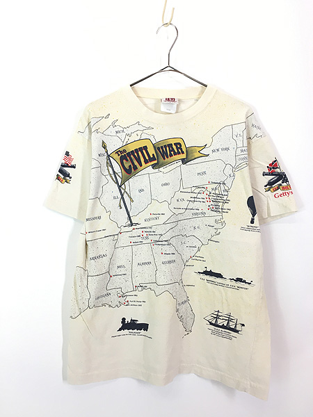 古着 90s USA製 Art Unlimited 「The Civil War」 南北戦争 地図 オールオーバー Tシャツ L 古着 - 古着 通販  ヴィンテージ　古着屋 Dracaena ドラセナ