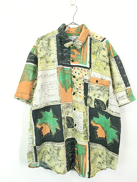 大量注文受付 90s ビンテージ 総柄シャツ アート柄 茶 緑 ポリシャツ