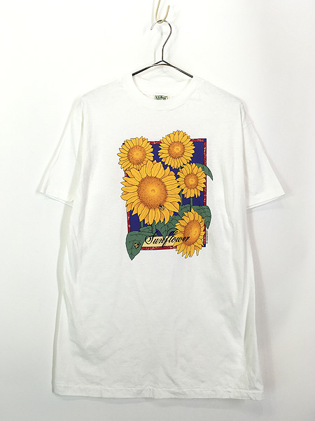 古着 90s USA製 LL Bean Sun Flower ヒマワリ 花 ハチ アート Tシャツ