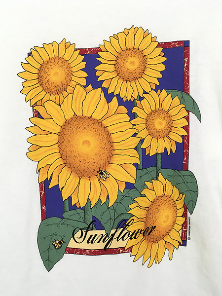 古着 90s USA製 LL Bean Sun Flower ヒマワリ 花 ハチ アート Tシャツ