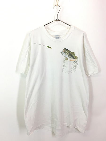 古着 90s 魚 バス ポケット だまし絵 フィッシング Tシャツ L 古着