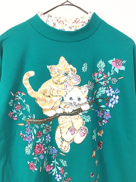 レディース 古着 90s 猫 アニマル 花 発泡 プリント 重ね着風