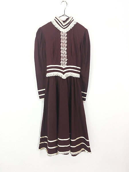 レディース 古着 70s GUNNE SAX レース ガーリー パフスリーブ コットン ワンピース ドレス ロング丈 M位 古着 - 古着 通販  ヴィンテージ 古着屋 Dracaena ドラセナ