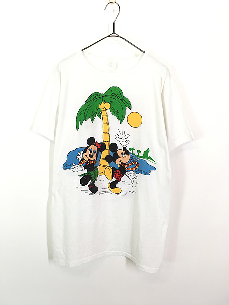 レディース 古着 80s USA製 Disney ミッキー & ミニー フラダンス ビーチ キャラクター 両面 プリント Tシャツ L位 古着