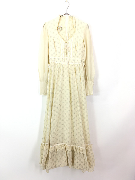 レディース 古着 70s GUNNE SAX 小花柄 レースアップ ガーリー シフォン ワンピース ドレス マキシ丈 M位 古着 - 古着 通販  ヴィンテージ　古着屋 Dracaena ドラセナ