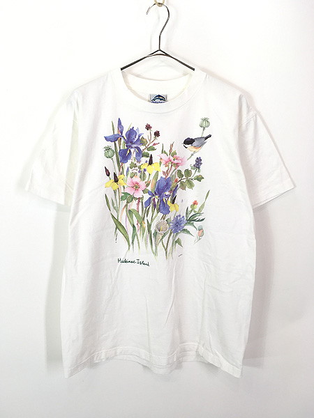 レディース 古着 90s USA製 文鳥 野鳥 花 絵画風 プリント Tシャツ L