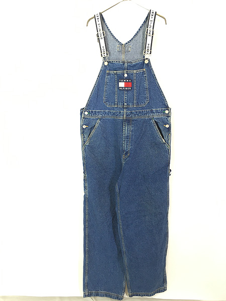 古着 90s TOMMY JEANS フラッグ ロゴ パッチ デニム オーバーオール L