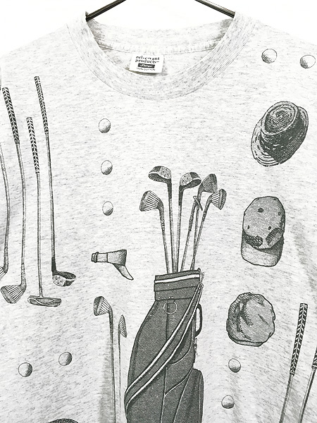 古着 90s USA製 rel e vant ゴルフ 道具 ツール 総柄 アート Tシャツ L