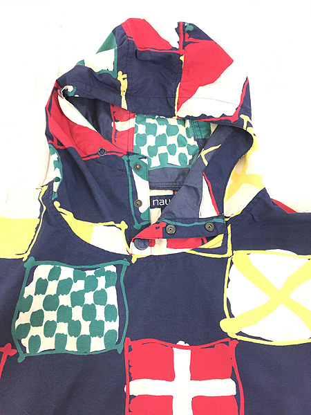 古着 90s Nautica フラッグ 総柄 プルオーバー ナイロン ジャケット