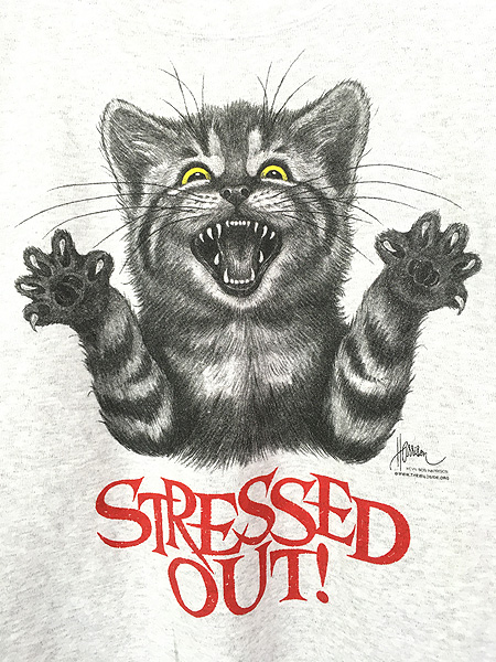 古着 90s USA製 「STRESSED OUT!」 ネコ 猫 アニマル モノトーン 