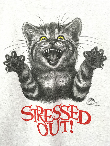 古着 90s USA製 「STRESSED OUT!」 ネコ 猫 アニマル モノトーン