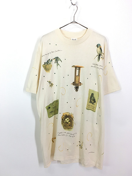 「Deadstock」 古着 90s USA製 rel e vant 鳥 小鳥 エサ 卵 花 総柄 アート Tシャツ L - 古着 通販 ヴィンテージ　 古着屋 Dracaena ドラセナ