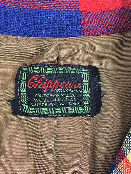古着 40s Chippewa ロングポイント襟 カラフル チェック ウール 開襟