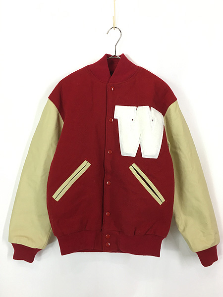 古着 90s USA製 Ripon Jackets 「W」 本革 レザー ウール スタジアム ジャケット スタジャン S - 古着 通販 ヴィンテージ　 古着屋 Dracaena ドラセナ