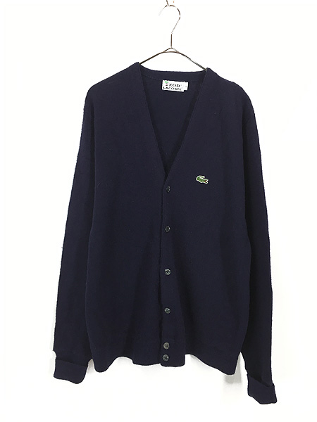 古着 70s IZOD LACOSTE ワニ パッチ アクリル ニット カーディガン 紺