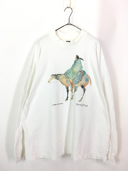 古着 90s USA製 Carol Grigg 「Crow Warrior」 水彩 アート 長袖 Tシャツ ロンT 2X - 古着 通販 ヴィンテージ　 古着屋 Dracaena ドラセナ