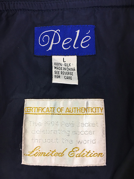 [8] 古着 90s Pele Limited Edition ペレ レジェンド サッカー 総柄 光沢 シルク ジャケット ブルゾン L