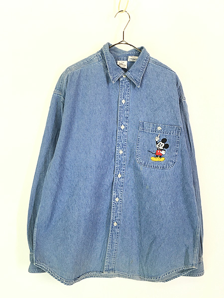 古着 90s Disney Mickey ミッキー 刺しゅう デニム シャツ L 古着