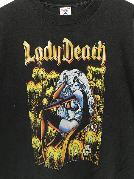 rurumokotsts90sヴィンテージUSA製　LADY DEATHプリントTシャツ　サイズXL
