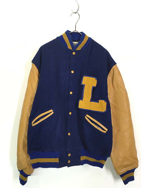 古着 80s USA製 TROPHY JACKETS 「L」 本革 レザー メルトン ウール 