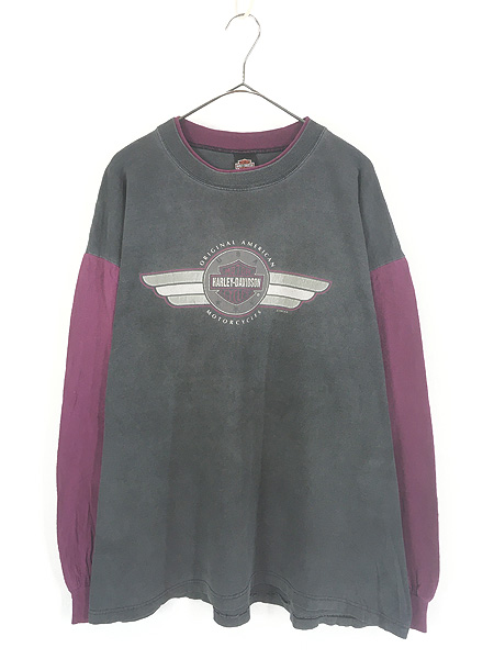 希少 90s Harley-Davidson 黒 サーマル USA製 古着 90s USA製 HARLEY DAVIDSON チャコール×パープル バー