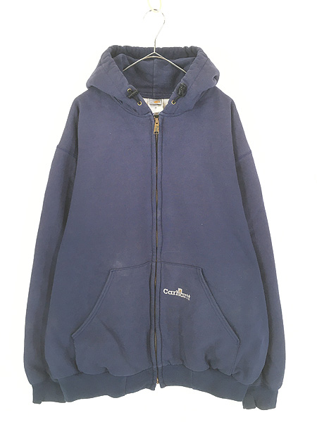 Carhartt ベルベット調　フリース　デッドストック　ダブルジップ　S　紺 古着 Carhartt パデット スウェット ジップ パーカー 青 XL Tall
